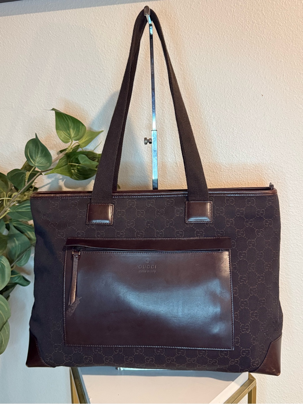 Gucci Gg Canvas Brown Leather Trim Zip Top Tote Bag Shoulder Bag Italy 34339